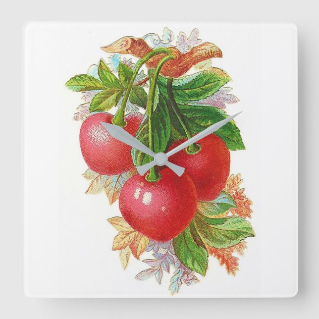 Vintage Cherries Quadratische Wanduhr (Vorderseite)