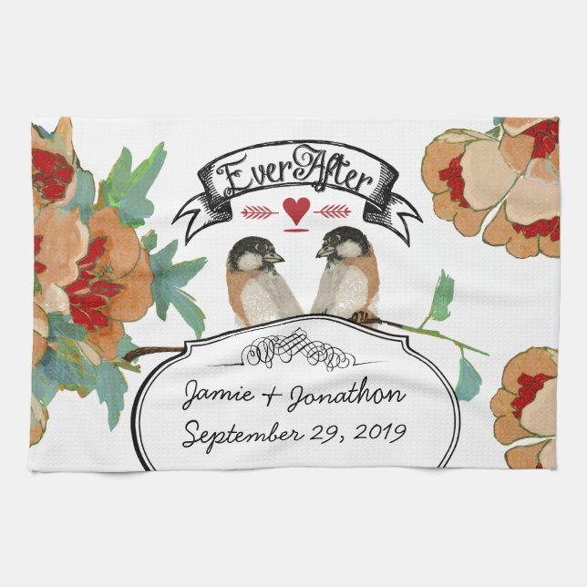 Vintage Cherry Blossom Love Bird Pfirsichminze Geschirrtuch (Horizontal)