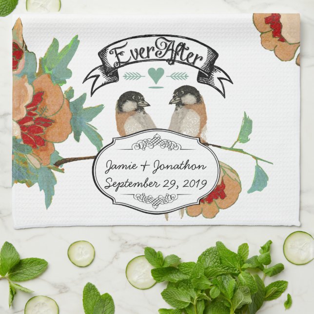 Vintage Cherry Blossom Love Bird Pfirsichminze Küchentuch (Gefaltet)