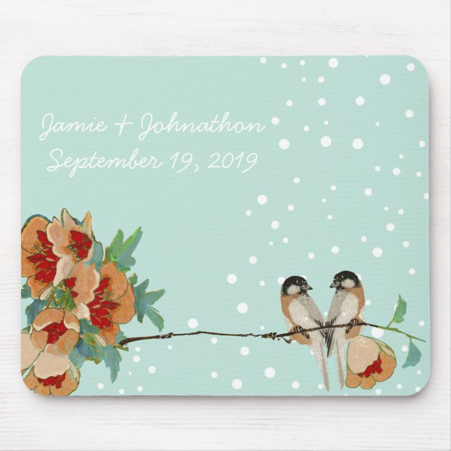 Vintage Cherry Blossom Love Bird Pfirsichminze Mousepad (Vorne)