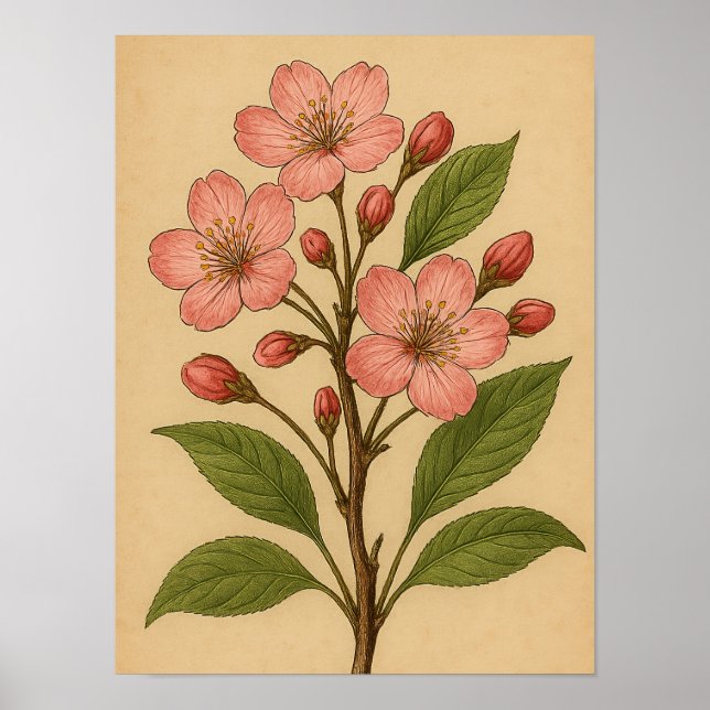 Vintage Cherry Blossom on Weathered Paper Poster (Vorne)