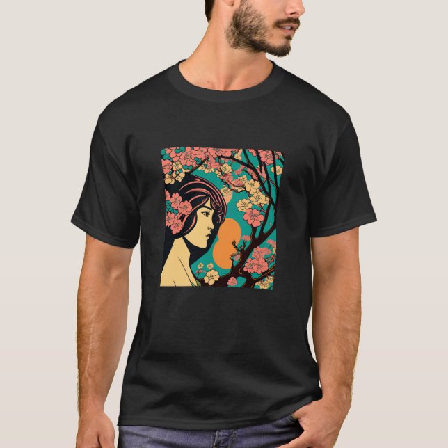 Vintage Cherry Blossom Woodblock Japanese Graphica T-Shirt (Vorderseite)