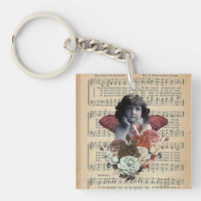 Vintage Cherub Girl Collage Schlüsselanhänger (Vorderseite)