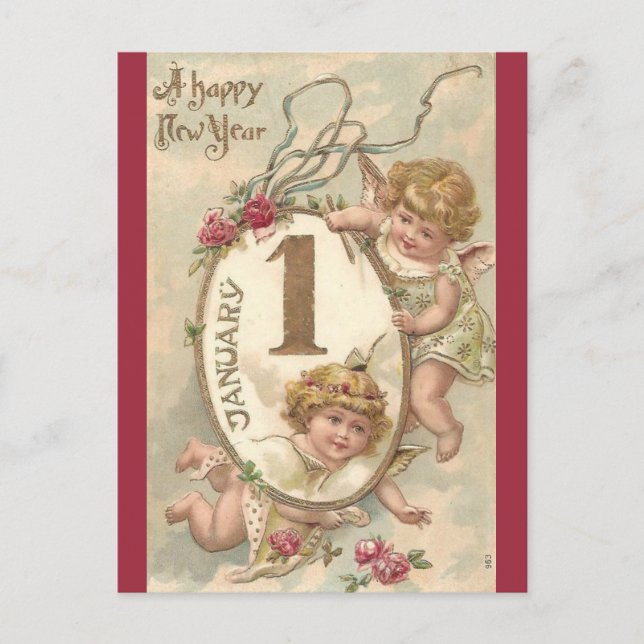 Vintage Cherubs glücklich Neues Jahr Postkarte (Vorderseite)