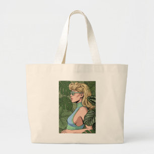 Vintage Chic Frau mit Sonnenbrille Monstera Blätte Jumbo Stoffbeutel