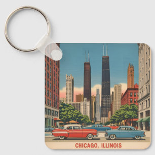 Vintage Chicago Illinois Stadt Skyline Retro Reise Schlüsselanhänger