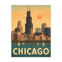 Vintage Chicagoer Skyline, Lake Michigan Segelboot