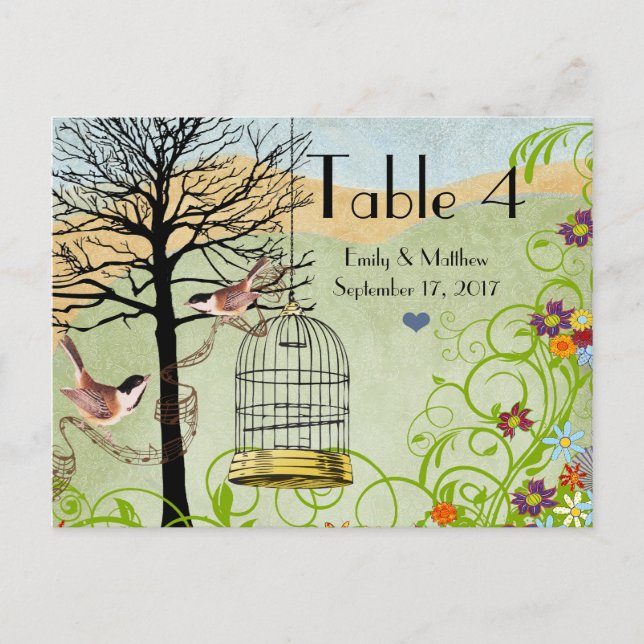 Vintage Chickadee Birdcage Wedding Number Card Postkarte (Vorderseite)
