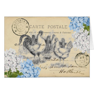 Vintage Chickens Blue Flower Postcard Card