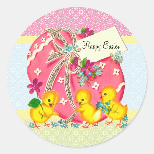 Vintage Chicks und rosa Ostereier Runder Aufkleber (Vorderseite)
