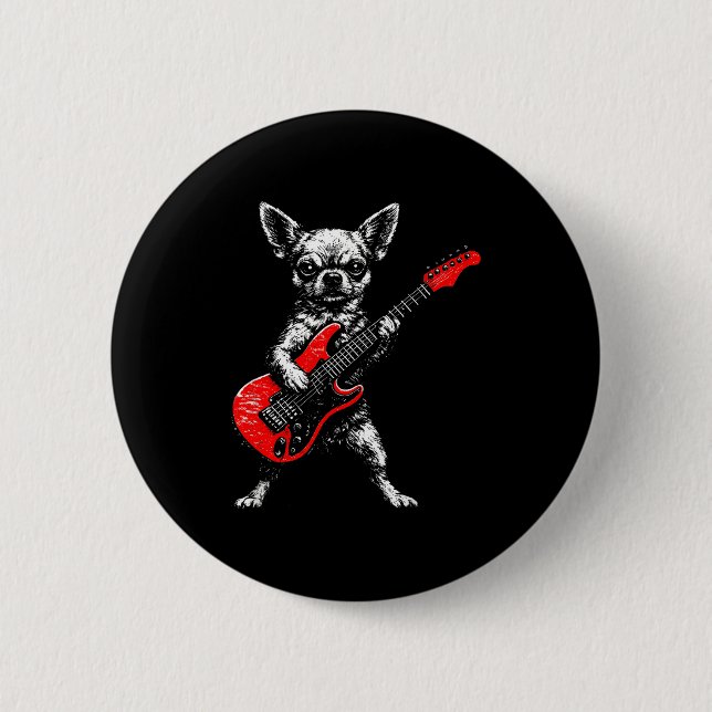 Vintage-Chihuahua Rock lustiger Hund spielt Gitarr Button (Vorderseite)