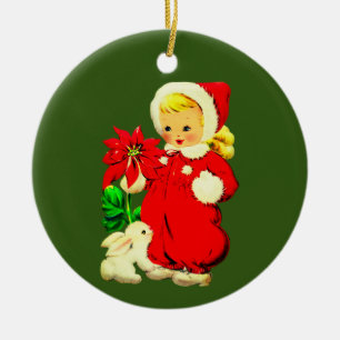 Vintage Child with Poinsettia & Rabbit Keramik Ornament