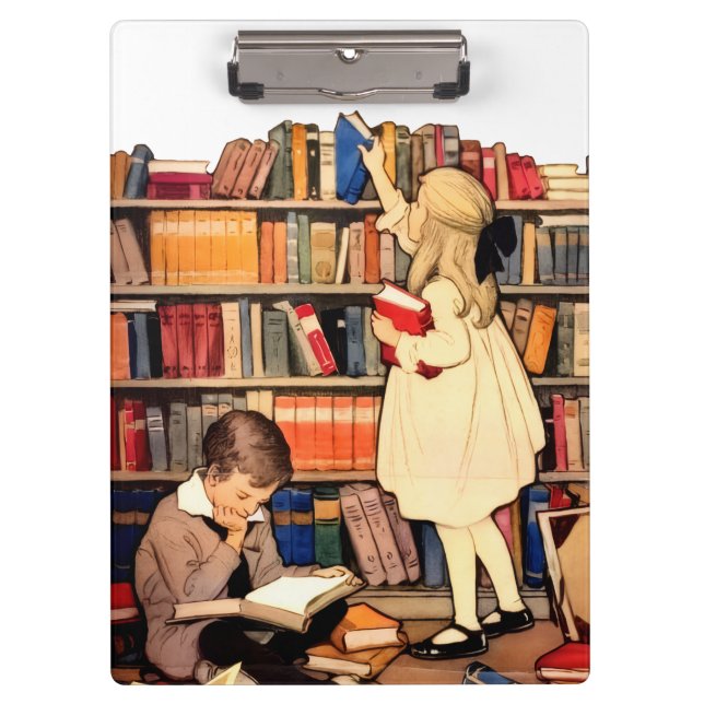 Vintage Children Reading Library Books Klemmbrett (Vorderseite)