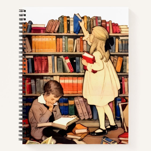 Vintage Children Reading Library Books Notebook Notizbuch (Vorderseite)