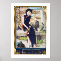 Vintage Chinese Ad Shanghai Woman Navy Cheongsam 