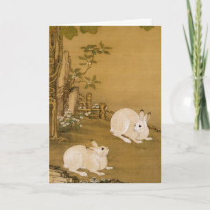 Vintage chinesische Kunst Zwei weiße Kaninchen Mal Karte