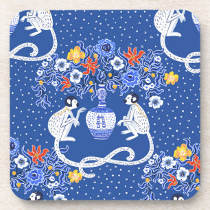 Vintage-Chinoiserie-Affen- und Blumengestecktuch Getränkeuntersetzer