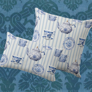 Vintage-Chinoiserie- Blau-Weiße Teller Blau gestre Dekokissen