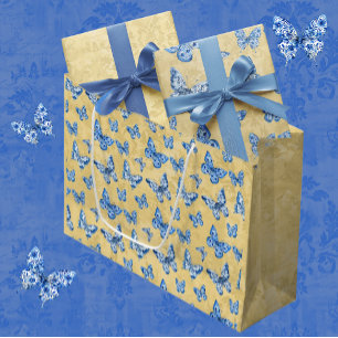 Vintage Chinoiserie Blaue Schmetterlinge verblasst Große Geschenktüte