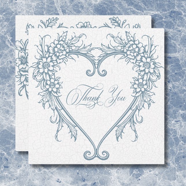 Vintage Chinoiserie Blaues Herz Hochzeit Dankeskarte (Vintage Elegant Chinoiserie Blue Heart Wedding Thank You Card)