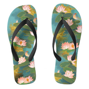 Vintage Chinoiserie Rosa Lotus Blume Bird Green Flip Flops
