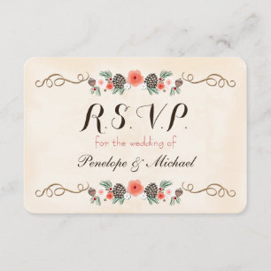 Vintage Christma Floral Pinecone Wedding RSVP Card Karte