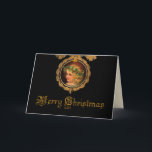 Vintage Christmas Angel Feiertagskarte<br><div class="desc">Das auffallende Design mit einem goldhaarigen Hub,  der eine heilige Garage in einem verzierten goldenen Rahmen trägt,  mit goldenem Urlaubstext auf schwarzem Hintergrund.</div>