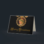 Vintage Christmas Angel Feiertagskarte<br><div class="desc">Das auffallende Design mit einem goldhaarigen Hub,  der eine heilige Garage in einem verzierten goldenen Rahmen trägt,  mit goldenem Urlaubstext auf schwarzem Hintergrund.</div>