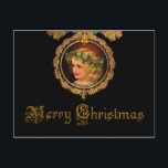 Vintage Christmas Angel Feiertagspostkarte<br><div class="desc">Das auffallende Design mit einem goldhaarigen Hub,  der eine heilige Garage in einem verzierten goldenen Rahmen trägt,  mit goldenem Urlaubstext auf schwarzem Hintergrund.</div>