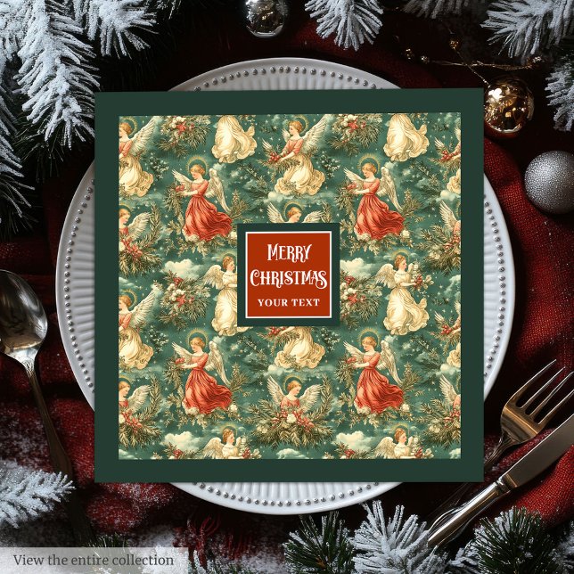 Vintage Christmas Angels Pastel Green Deep Red Serviette (Vintage Christmas Angels Pastel Green Deep Red Paper Dinner Napkins)