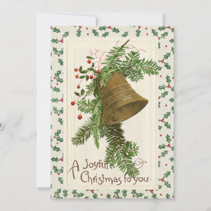 Vintage Christmas Bell Evergreen Joyful Holly Feiertagskarte