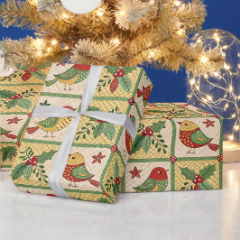 Vintage Christmas Bird Holly Berry Cottagecore Geschenkpapier