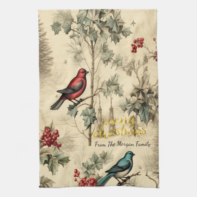 Vintage Christmas Birds Holly Berry Geschirrtuch (Vertikal)