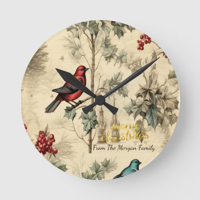Vintage Christmas Birds Holly Berry Runde Wanduhr (Vorderseite)