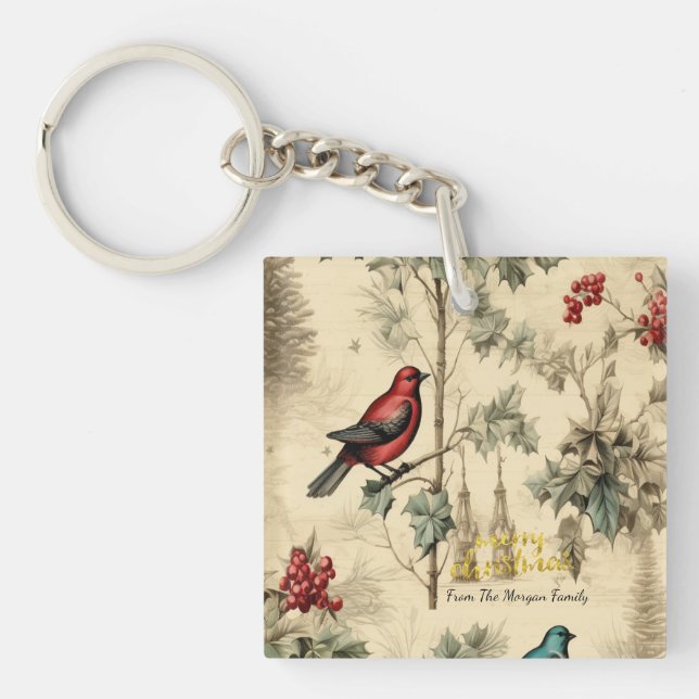 Vintage Christmas Birds Holly Berry Schlüsselanhänger (Vorderseite)