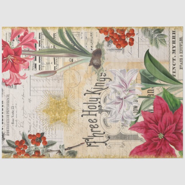 Vintage Christmas Blume Holly Ephemera Decoupage Seidenpapier (Vorderseite)