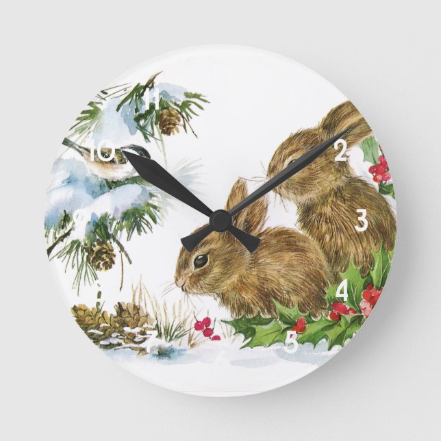 Vintage Christmas Bunnies Runde Wanduhr (Vorderseite)
