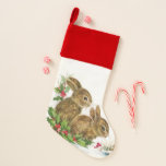 Vintage Christmas Bunnies Weihnachtsstrumpf<br><div class="desc">Vintage Illustrationsbüsten im Schnee mit Heiligen,  Kiefern und Kiefernzapfen,  und einem Vogel.</div>
