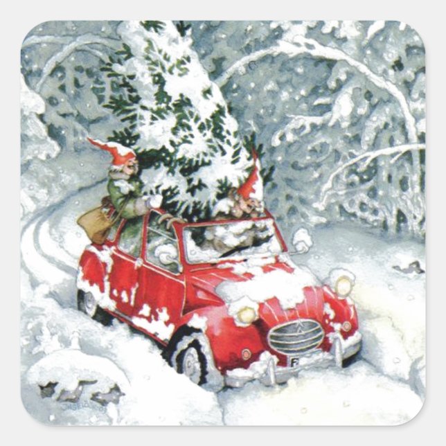 Vintage Christmas Car Quadratischer Aufkleber (Vorderseite)