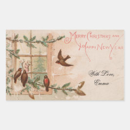 Vintage Christmas Card Birds Window Dancing Couple Rechteckiger Aufkleber