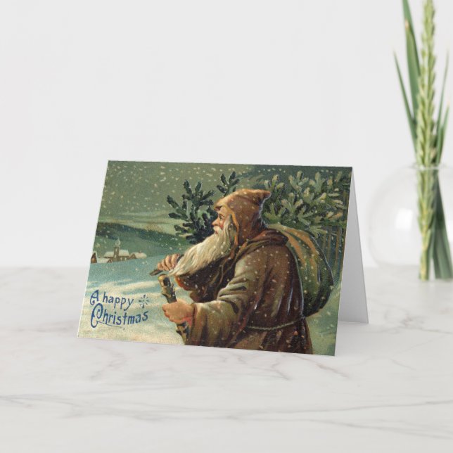 Vintage Christmas Card, Santa Claus and Tree Karte (Vorderseite)