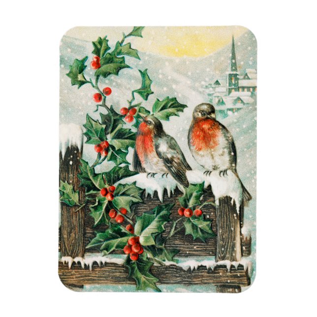 Vintage Christmas Card with Robins, Holly, Church Magnet (Vertikal)