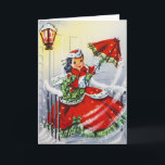 Vintage Christmas Card with Young Girl Feiertagskarte<br><div class="desc">Vintage Christmas Card with Young Girl Southern Belle in dress and parasol leaving the porch under a lantern.</div>
