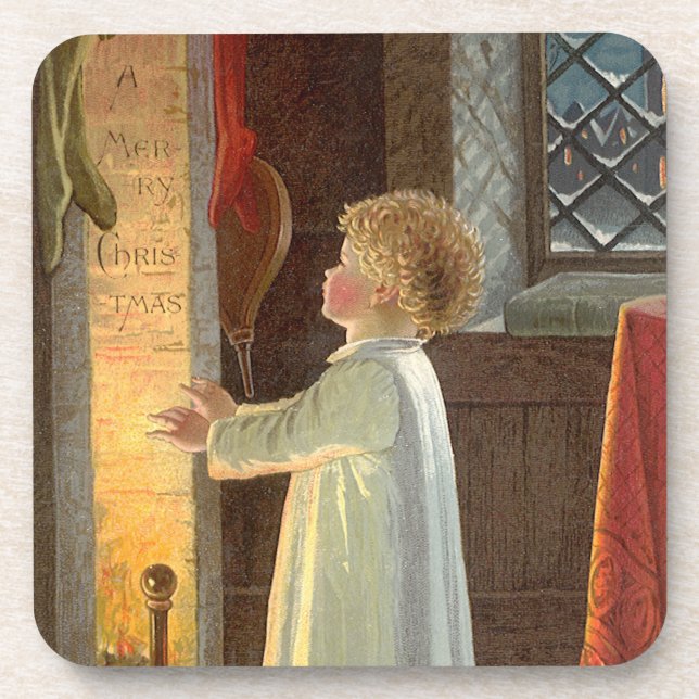 Vintage Christmas, Child Warming by the Fireplace Untersetzer (Vorderseite)