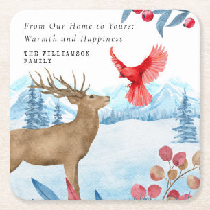 VINTAGE CHRISTMAS ELK RED KARDINAL PERSONALISIERT RECHTECKIGER PAPPUNTERSETZER