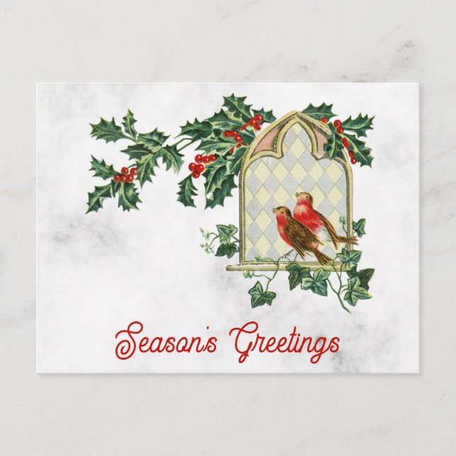 Vintage Christmas Frohen Festtage Holly Bird Postkarte (Vorderseite)