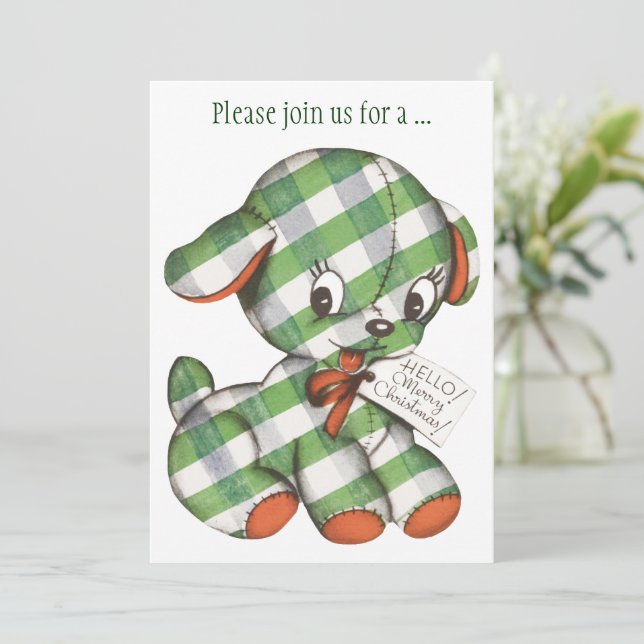 Vintage Christmas Gingham Puppy Party Einladung (Stehend Vorderseite)