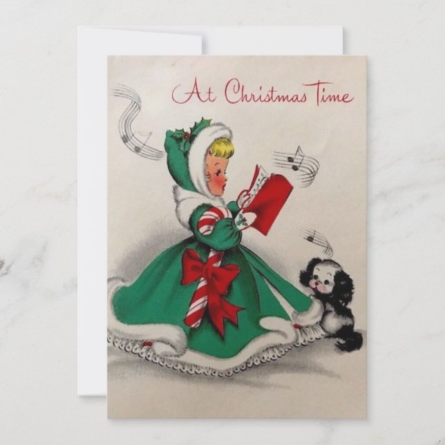 Vintage Christmas Girl Singing Feiertagskarte (Vorderseite)