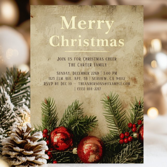 Vintage Christmas Gold Foil Invitation Card (Vintage Christmas gold foil invitation — burnt parchment, red & green creeper, elegant and timeless.)