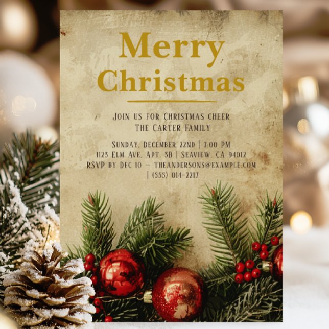 Vintage Christmas Gold Invitation Card | Elegant Einladung (Vintage Christmas invitation — burnt parchment background with red & green creeper, timeless charm.!)